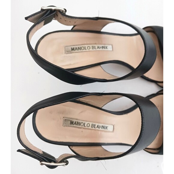 Manolo Blahnik Khan Blk Calfskin Leather Slingback Heeled Sandal EU 37.5 US 7.5 - Picture 6 of 13
